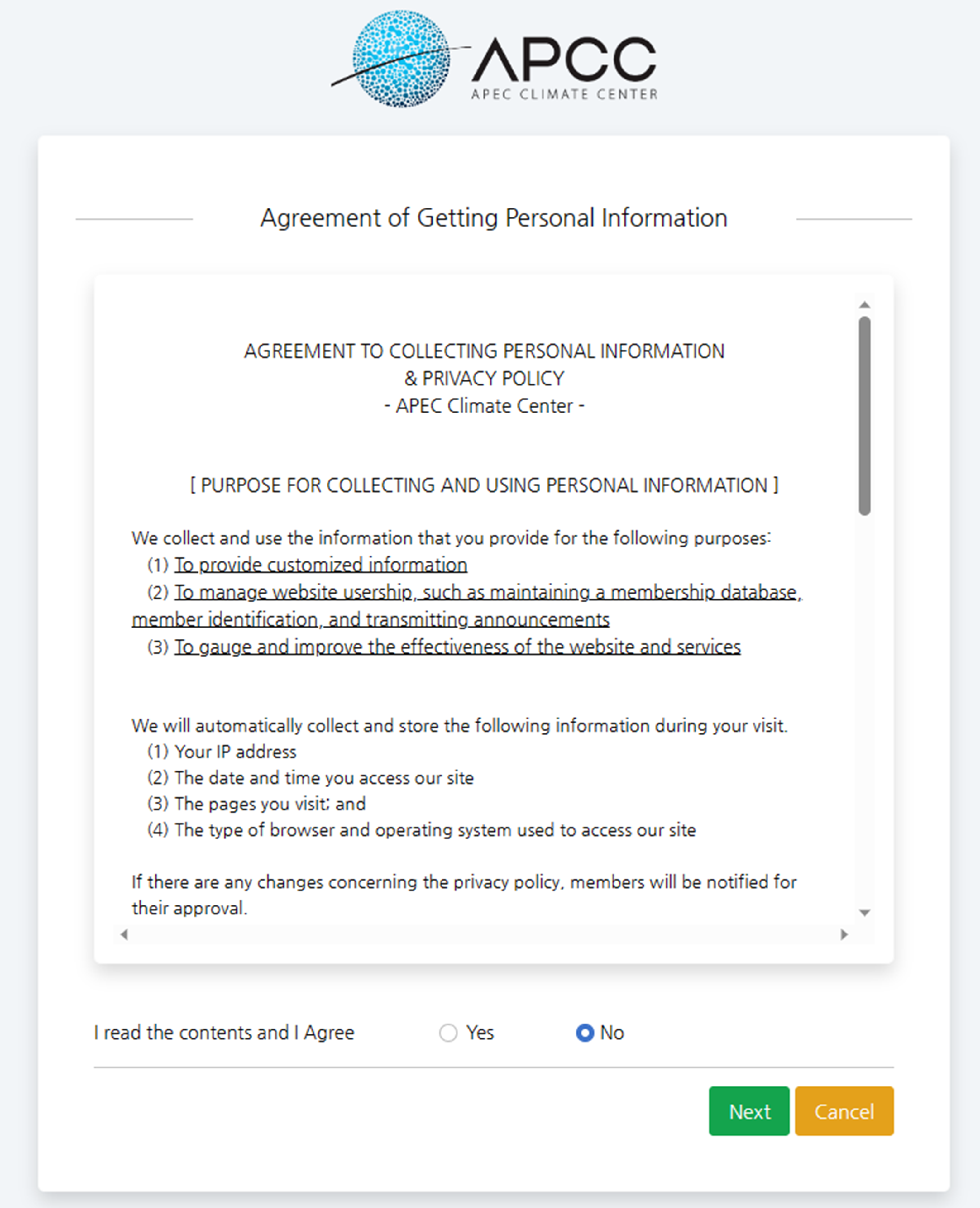 (Figure 2-3-3) Privacy Policy and Lookup Existing Registration