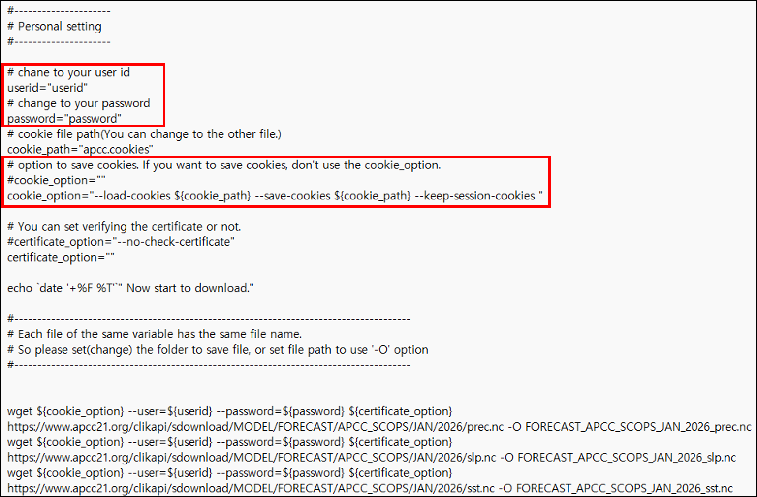 (Figure 3-2-20) Model Data Download Script Using wget